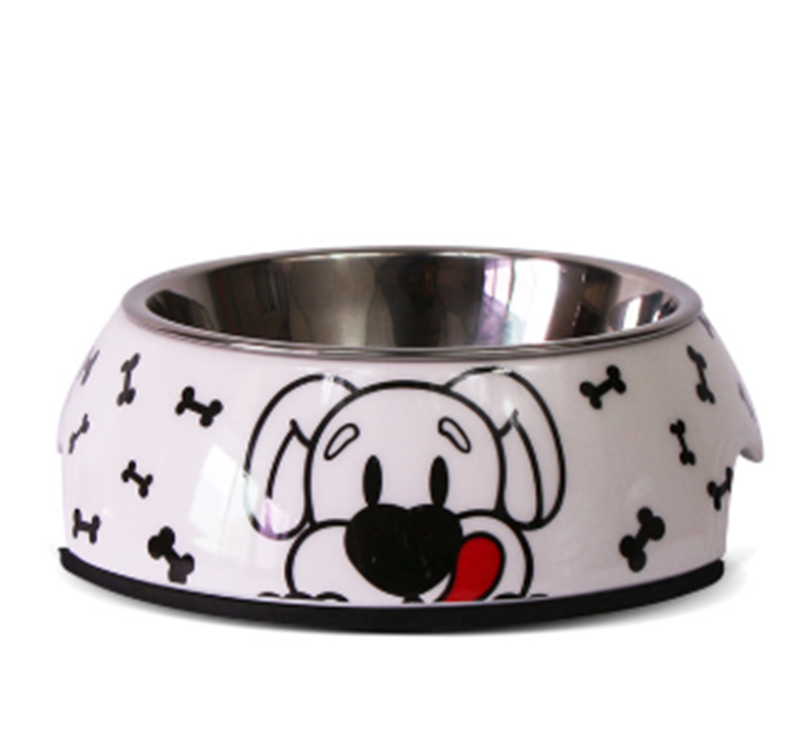 Dog bowl with cartoon dog design and bone patterns on a white background